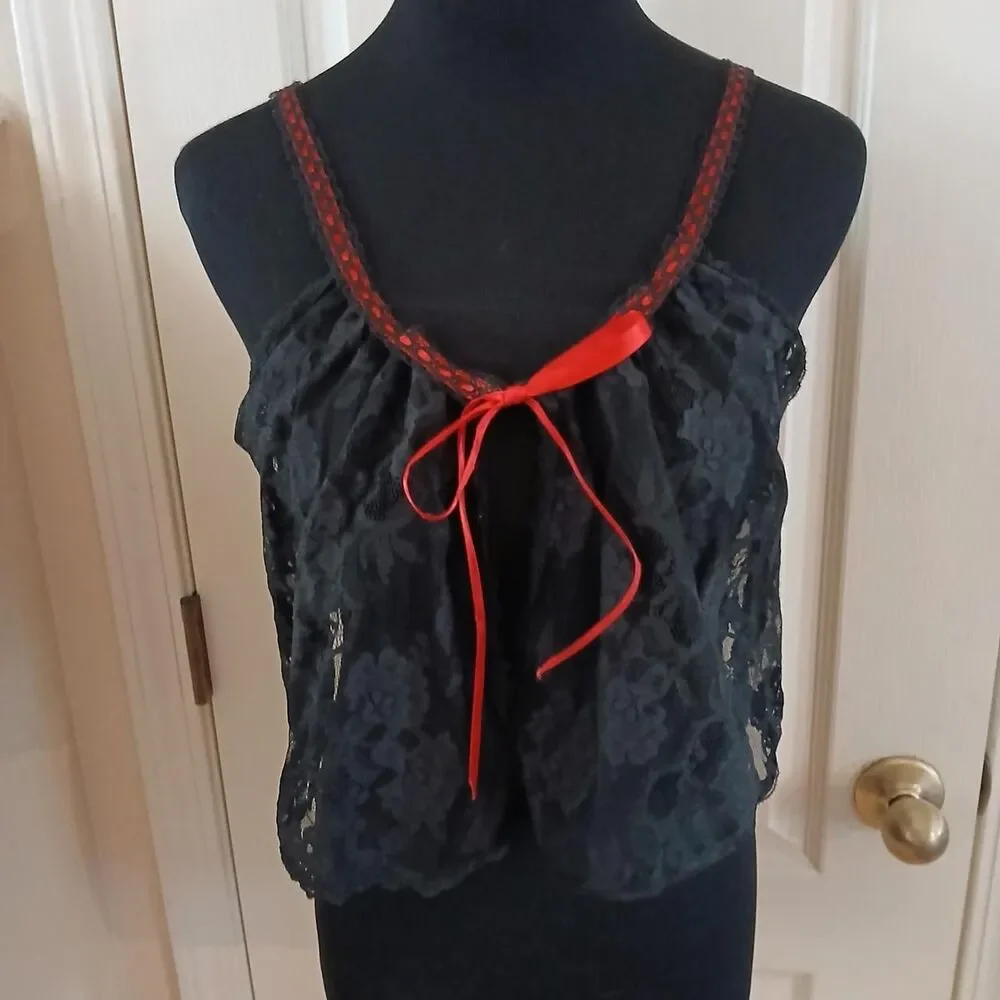 Y2K Vintage Little Secret Black Lace Flyaway Cami Lingerie Top One Size USA Made